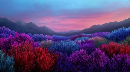 Poster - Vibrant Landscape of Colorful Flora Under Twilight Sky