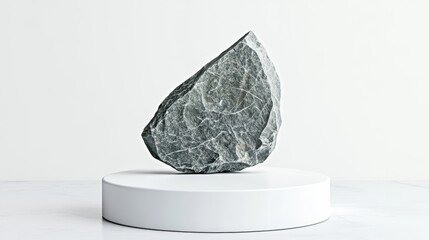 Poster - Large grey stone on white pedestal in clean room with stone podium front view