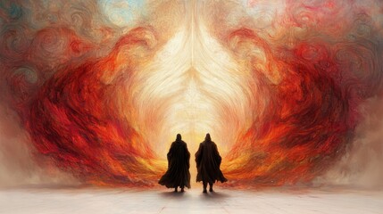 Wall Mural - two figures in dark cloaks walk toward a fiery, swirling, abstract gateway. a dramatic, surreal scen