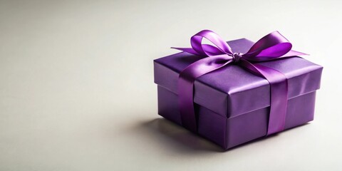Aufkleber - A luxuriously wrapped purple gift box with a satin ribbon bow sits on a neutral background