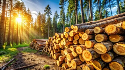 Aufkleber - Golden Hour Lumber Stack in a Sun-Dappled Forest