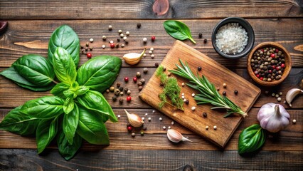Aufkleber - Culinary Herbs and Spices Arranged on Rustic Wooden Board