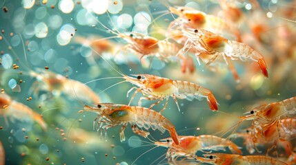 Aufkleber - Groups of shrimp move swiftly through the sparkling water, their bright orange and transparent bodies reflecting light. They display agility as they navigate their underwater environment.