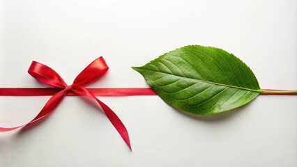 Wall Mural - A red ribbon tied in a bow and a vibrant green leaf, connected by a single red ribbon, on a white background.