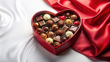 Poster - Heart-shaped box overflowing with an assortment of delectable chocolates, nestled on luxurious red and white silk fabrics.