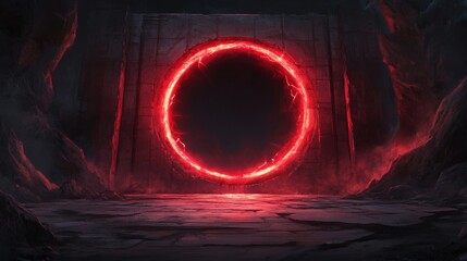 Canvas Print - Glowing red portal in dark, ancient stone structure. Mysterious, fantasy setting.