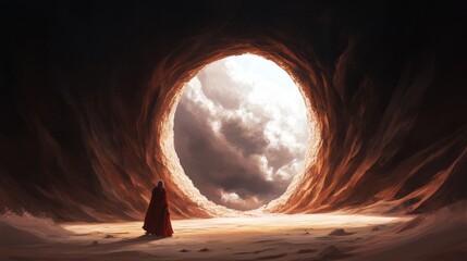 Wall Mural - a lone figure in a red robe stands before a massive, circular opening in a cavern, gazing towards a 