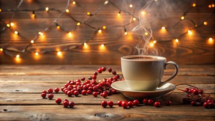 Aufkleber - Warm beverage in a mug with steaming hot liquid and red berries on a rustic wooden surface, illuminated by warm fairy lights.