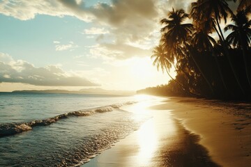 Poster - Serene sunset over a tranquil beach with palm trees and gentle waves in the background of a tropical paradise. Generative AI