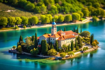 Wall Mural - Tranquil Krka Monastery Island Aerial View, Tilt-Shift Photography, Croatia