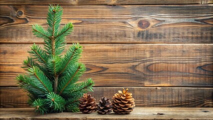 Poster - Rustic Winter Scene with Evergreen Branch and Pine Cones on Wooden Background
