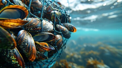 Poster - Colorful mussels are attached to a fishing net under clear water, with sunlight filtering through. Kelp sways gently nearby creating a vibrant marine atmosphere.
