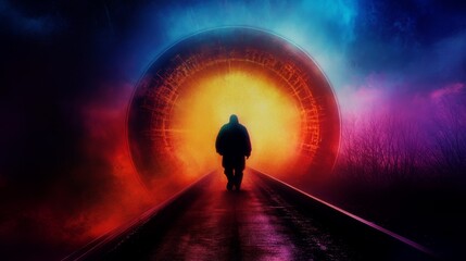 Wall Mural - a lone figure walks toward a vibrant, otherworldly portal. journey into the unknown.