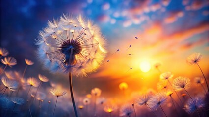 Poster - Sunset Dandelion Wishes Seeds Drifting on a Warm Evening Breeze