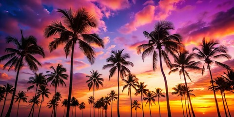 Wall Mural - Tropical Sunset Silhouette Palm Trees Summer Travel Poster Background