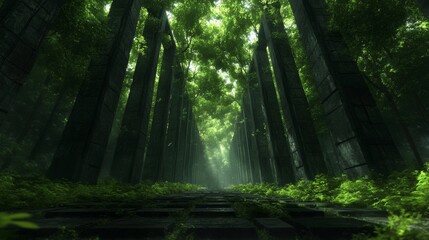 Poster - Mystical forest path lined with ancient stone pillars, creating a surreal and tranquil atmosphere. Lush greenery and soft light enhance the scene's serenity.