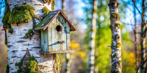 Poster - Rustic birdhouse mounted on a moss-covered birch tree in a sun-dappled forest setting