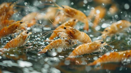 Aufkleber - Numerous shrimp are seen swimming in dynamic motion through clear water, creating ripples and splashes under bright sunlight during a warm afternoon.