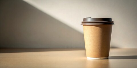 Wall Mural - A single disposable paper coffee cup with a brown lid sits on a light brown surface in sunlight.