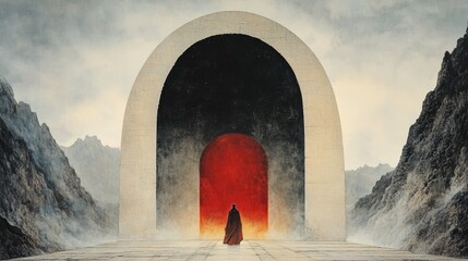 Wall Mural - a lone figure in a dark robe stands before a massive archway, leading to a vibrant red portal. myste