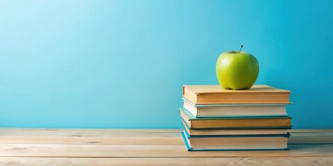 Aufkleber - A green apple rests atop a stack of books on a wooden surface against a light blue background.