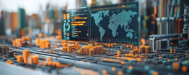 Poster - A futuristic cityscape with glowing data displays, featuring a map and digital elements, suggesting advanced technology and urban development.