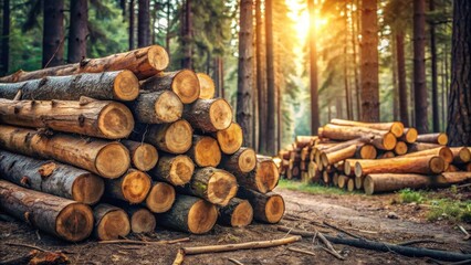 Poster - Stack of freshly cut logs in a sunlit forest