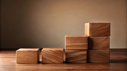 Aufkleber - Wooden blocks ascending in a stair-step pattern on a dark brown wood surface