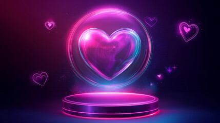 Wall Mural - Pink heart shape product podium with neon glowing circle and floating romance and love symbols on gradient background. Realistic vector illustration minimal goods display platform composition.