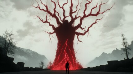 Wall Mural - a lone figure stands before an ominous, glowing red tree, its branches reaching towards a cloudy sky