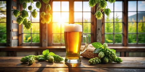 Poster - Refreshing Beer in a Rustic Setting at Golden Hour