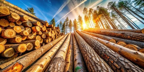 Aufkleber - Sunlit Timber Harvest  Rows of felled logs stacked high against a backdrop of tall trees bathed in golden sunlight.