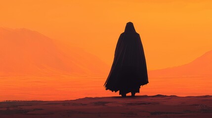 Canvas Print - Mysterious Figure Silhouetted Against a Vibrant Orange Sunset