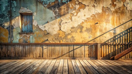 Poster - Rustic Wooden Deck with Weathered Wall and Sunlit Shadows