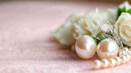 Canvas Print - Elegant White Pearls and Roses on Pink Background