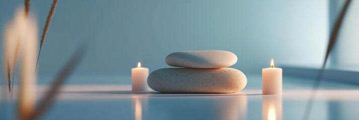 Poster - Discover tranquility with smooth massage stones and glowing candles in a relaxing spa environment. Generative AI