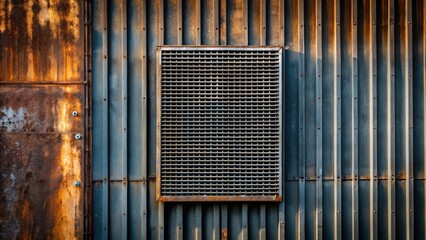 Poster - Rustic Metal Wall with Rectangular Ventilation Grille Featuring Weathered Steel and Corrugated Panels