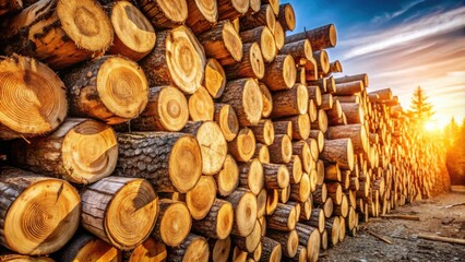 Aufkleber - Golden Hour Lumber Stack  A massive pile of neatly arranged tree trunks bathed in the warm glow of the setting sun.
