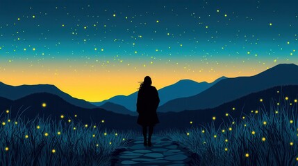 Poster - Serene Evening Stroll Under Starry Sky with Fireflies and Mountains