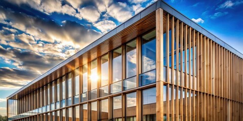 Poster - Modern office building with wood and glass facade reflecting sunlight and clouds