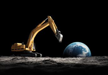 large yellow excavator stands moon surface, reaching towards earth, showcasing surreal and imaginati