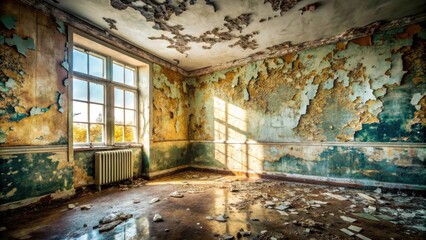 Aufkleber - Sunlit Ruin A room's decaying beauty, revealed in sunlight's embrace, showcasing peeling paint and weathered walls, a testament to time's passage.