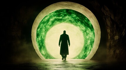 Wall Mural - silhouette of a man walking towards a glowing green portal. mysterious and ethereal.