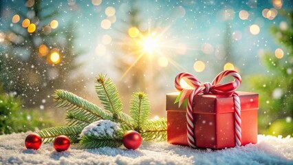 Aufkleber - A Festive Red Gift Box Adorned with Candy Cane Bow, Resting on Snow Amongst Evergreen Branches and Ornaments in a Winter Wonderland Setting
