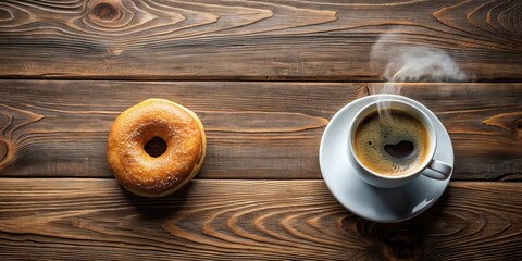 Aufkleber - A steaming cup of coffee and a powdered sugar donut on a rustic wooden surface
