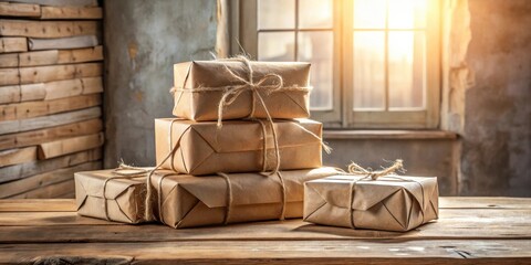 Poster - Rustic brown paper packages tied with twine sit on a weathered wooden table near a sunlit window