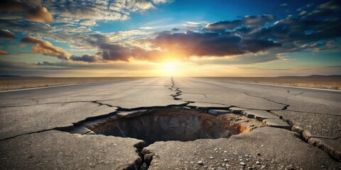 Poster - Sun Setting Over a Cracked and Crumbling Asphalt Road with a Large Pothole