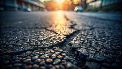 Leinwandbilder - Close-up View of Cracked Asphalt Road Surface at Sunset