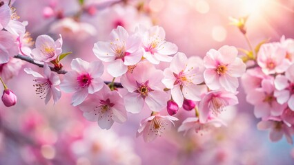 Poster - Delicate Pink Blossoms on a Branch in Soft Sunlight