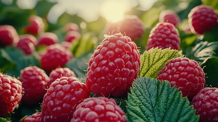 Wall Mural - Fresh Raspberries in Sunny Field